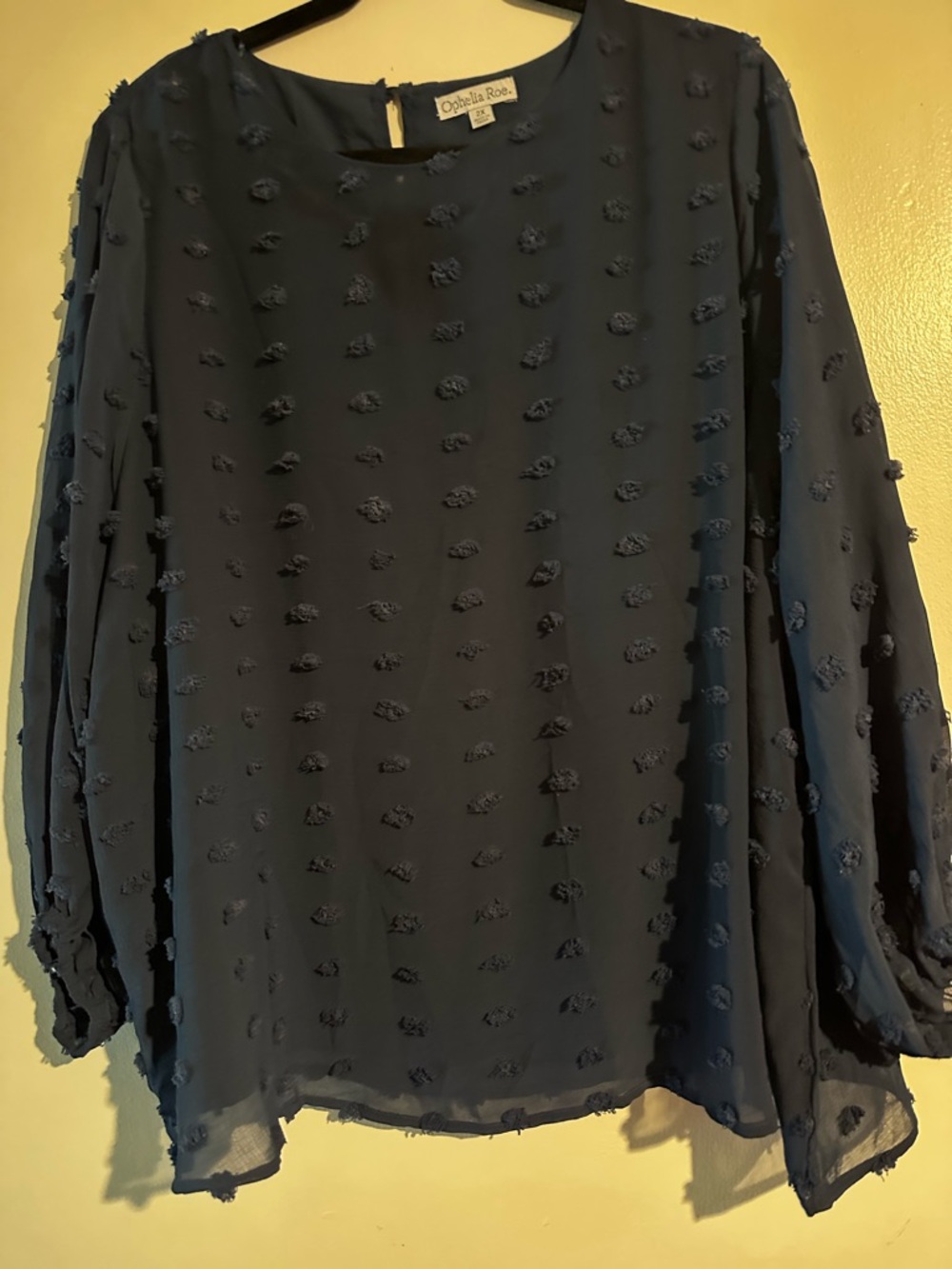 Dobella Rose Navy Textured Dot Long-Sleeve Blouse